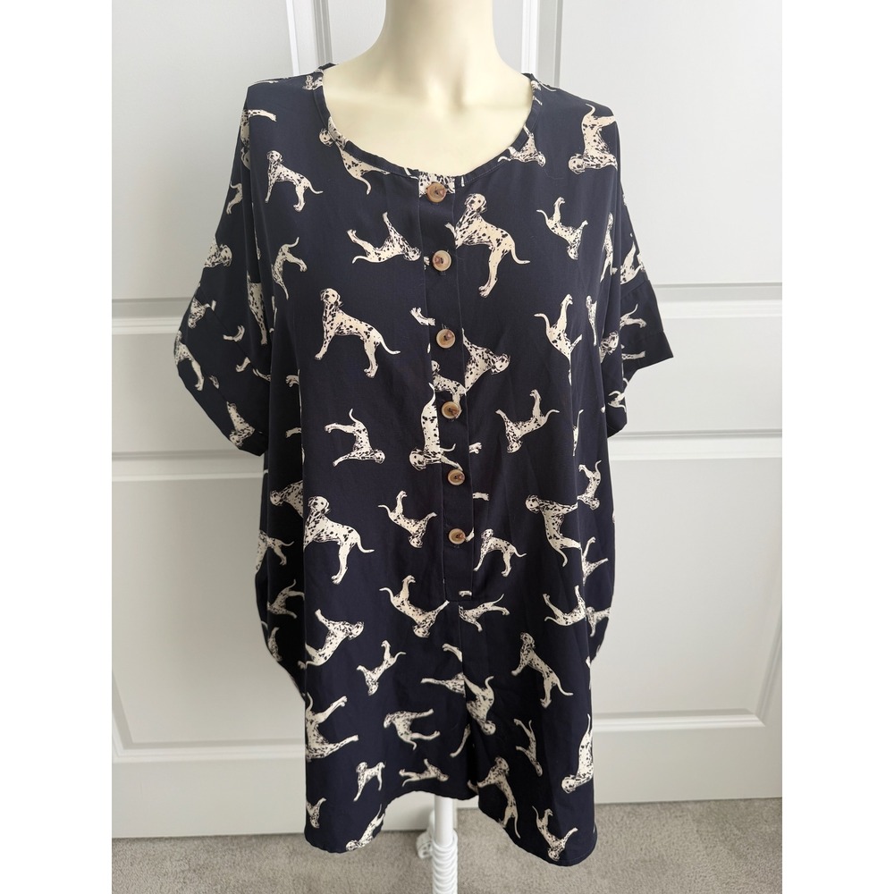 Raw Edge Dalmatian Dog Print Romper Navy Blue Button Front Pockets M Dog Lovers